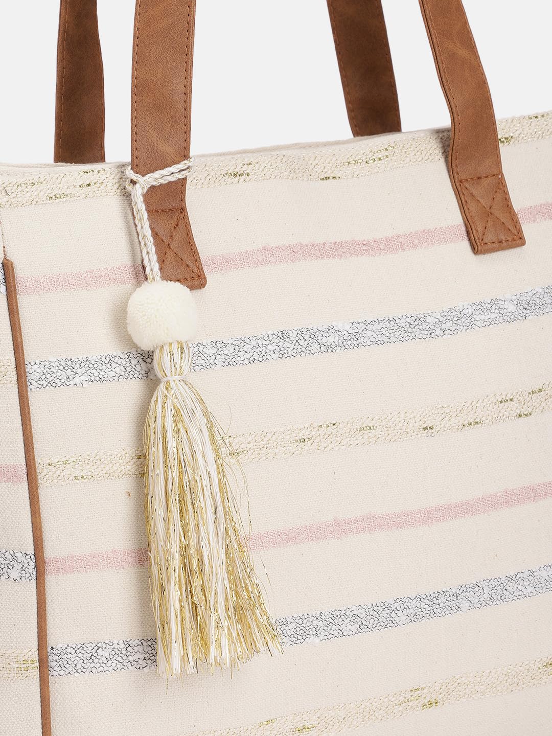 PRIMROSE Striped Canvas Tote Bag with Tassel Beige and Pink