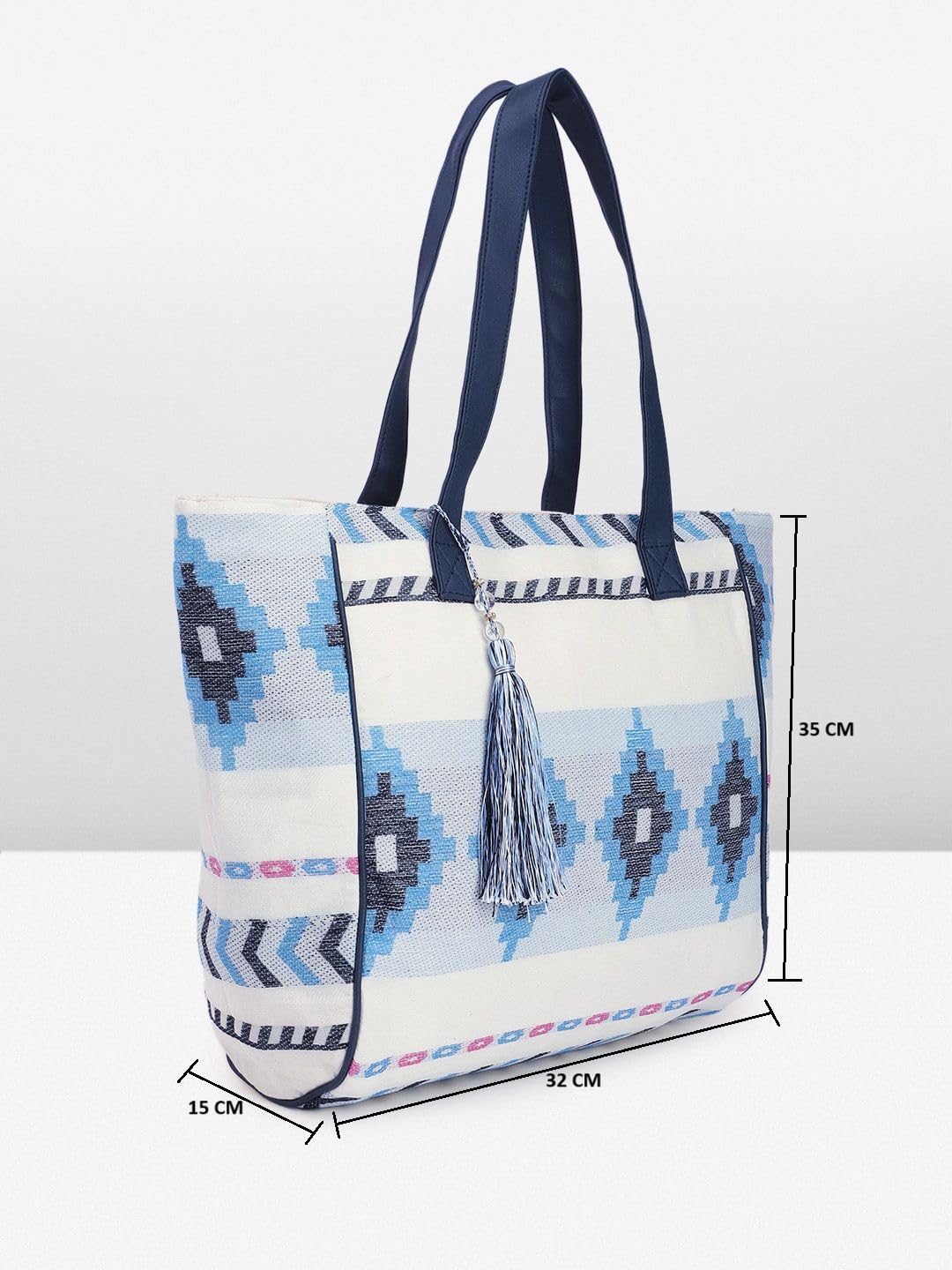 PRIMROSE Women's Blue and White Aztec Pattern Tote Bag with Tassel