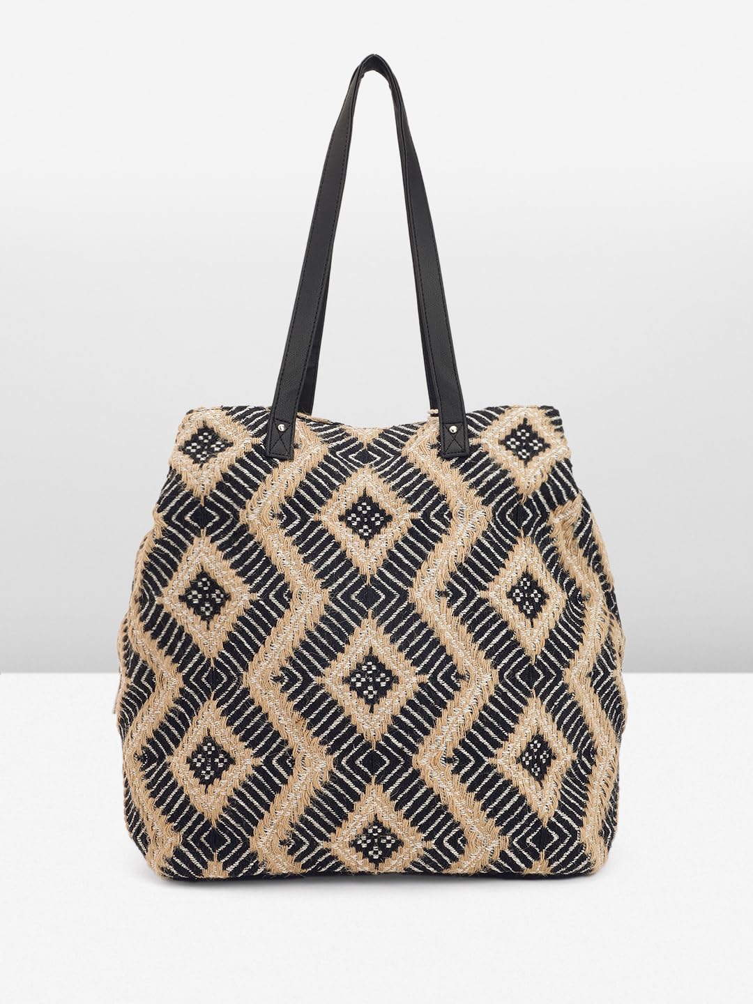 PRIMROSE Ethnic Tote Bag with Diamond Pattern Black and Beige