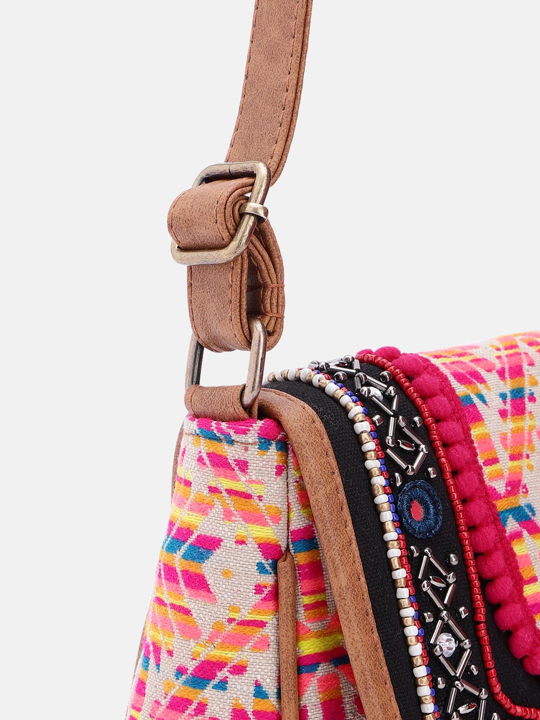 PRIMROSE Ethnic Embroidered Sling Bag with Pom Poms Multicolour