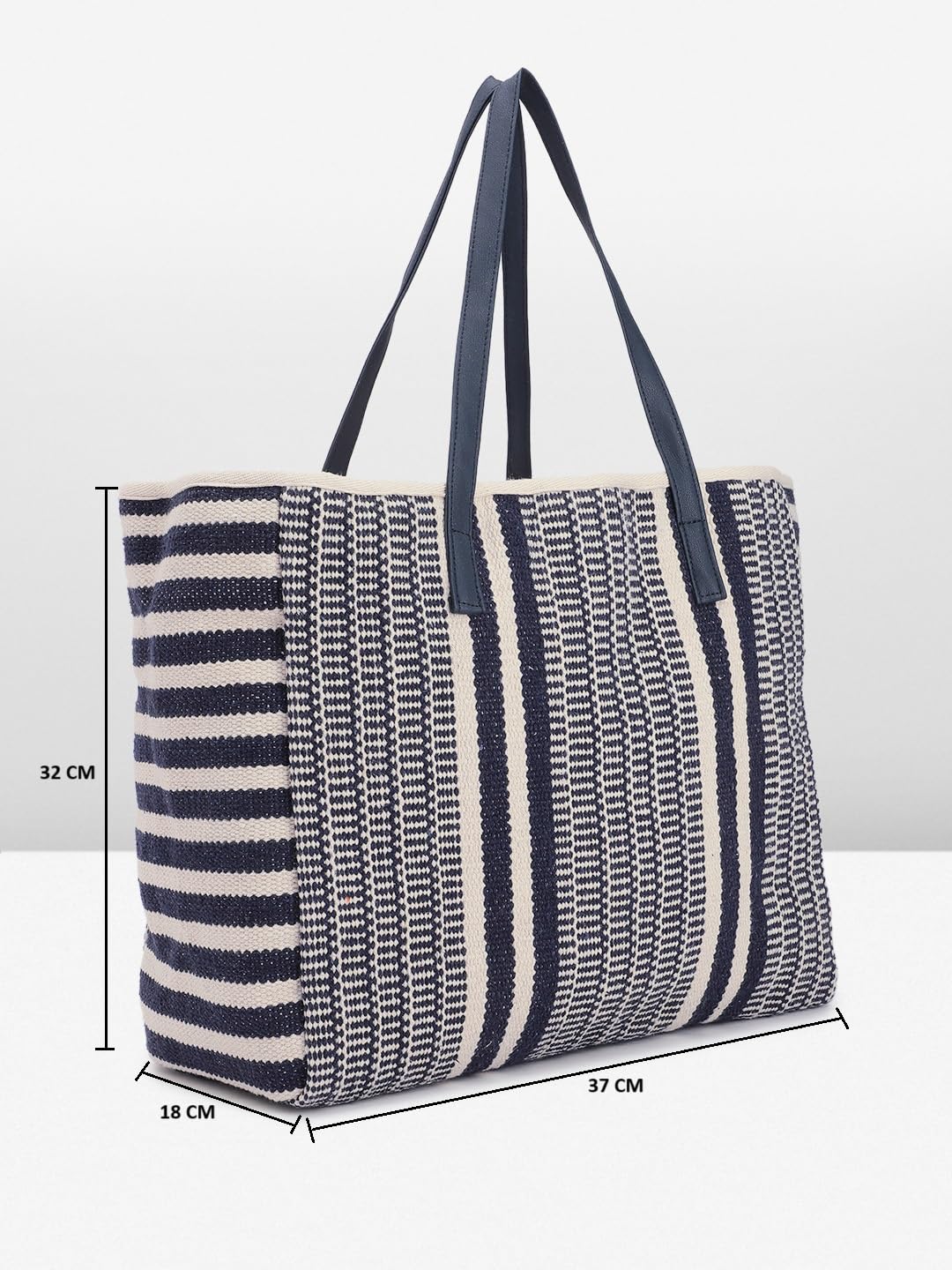 PRIMROSE Printed Canvas Tote Bag Navy Blue and White Striped Pattern