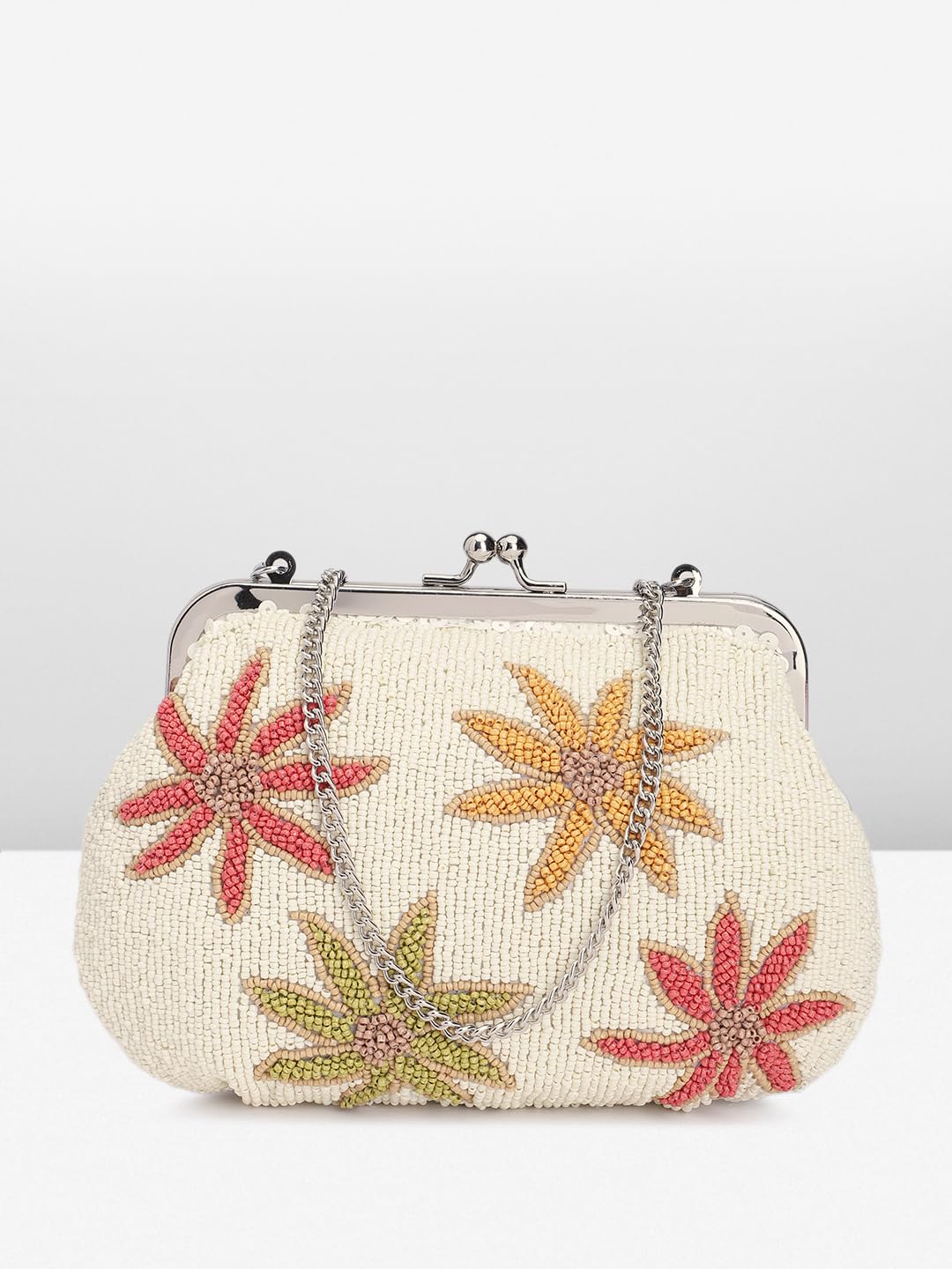 PRIMROSE Beaded Clutch Purse with Floral Embroidery, Cream