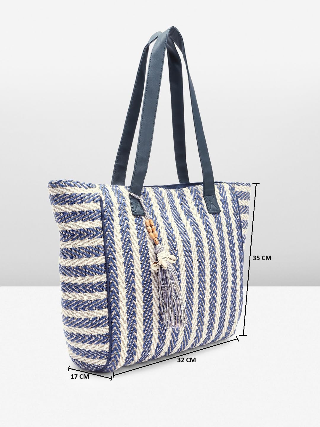 PRIMROSE Woven Tote Bag with Chevron Pattern Navy Blue and Cream Fringed Tassel