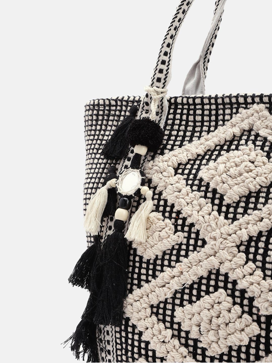 PRIMROSE Women's Handcrafted Crochet Tote Bag with Tassel Accents Black and White Geometric Pattern