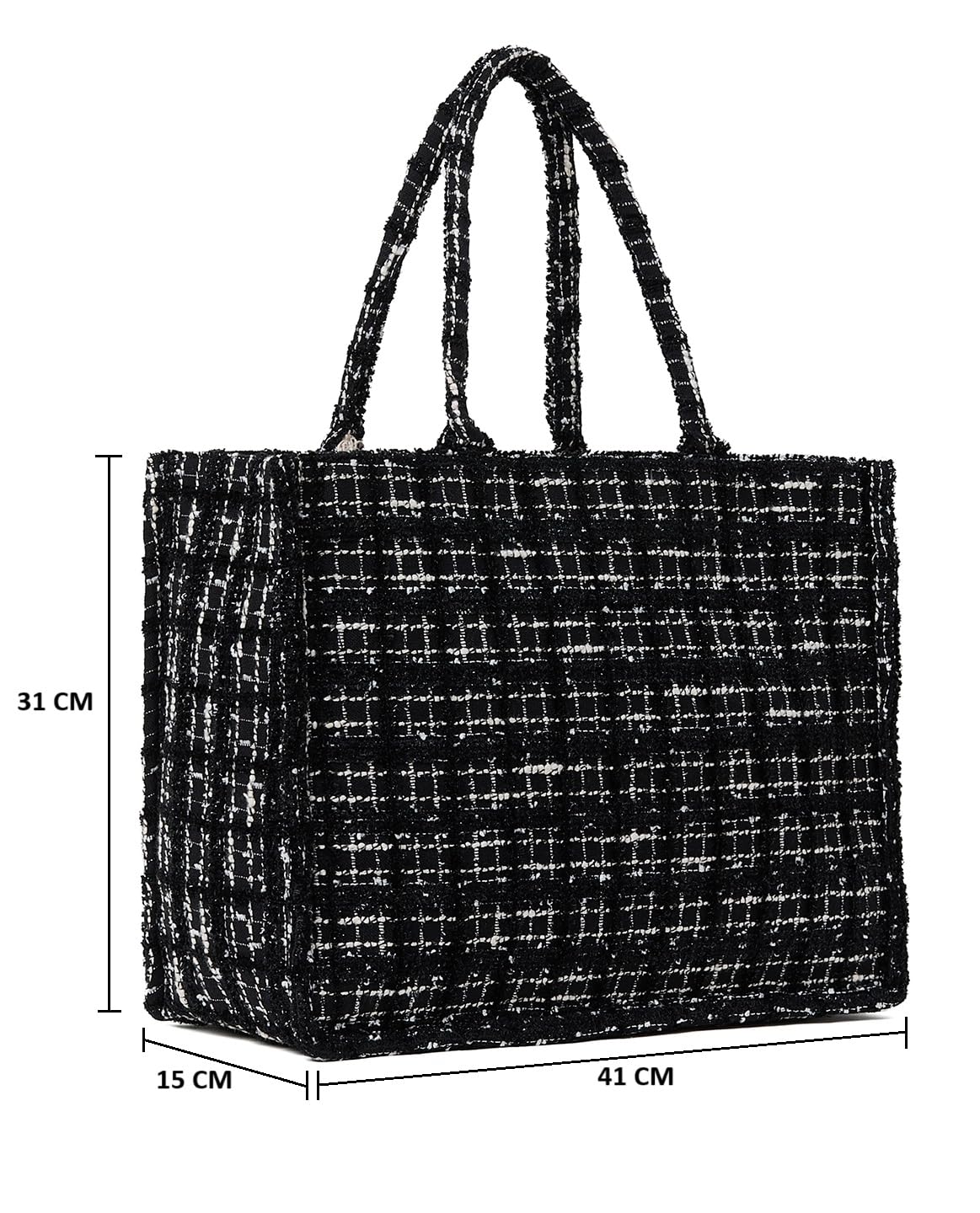 PRIMROSE Black Tweed Handbag for Women, Woven Tote with Handles