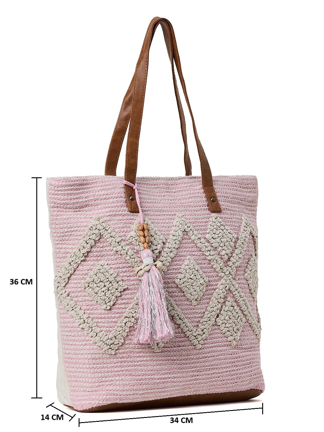 PRIMROSE Crochet Tote Bag with Tassel, Pink and Beige, PU Handles