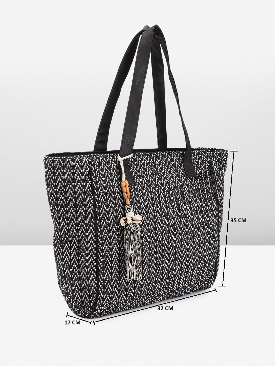 PRIMROSE Woven Tote Bag with Tassel Accents Black