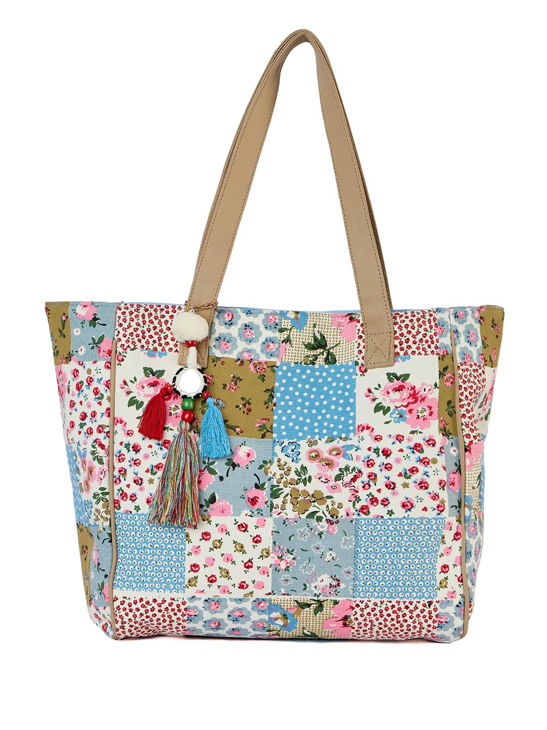 PRIMROSE Floral Print Tote Bag with Tassel Accents, Multicolour