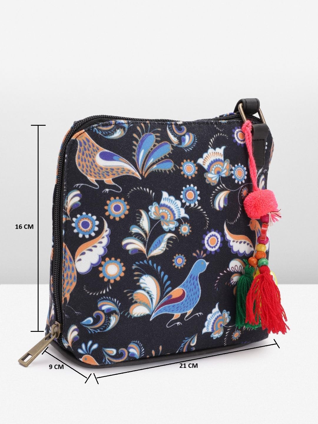 PRIMROSE Black & Blue Ethnic Motifs Print Sling Bag with Tasselled Detail