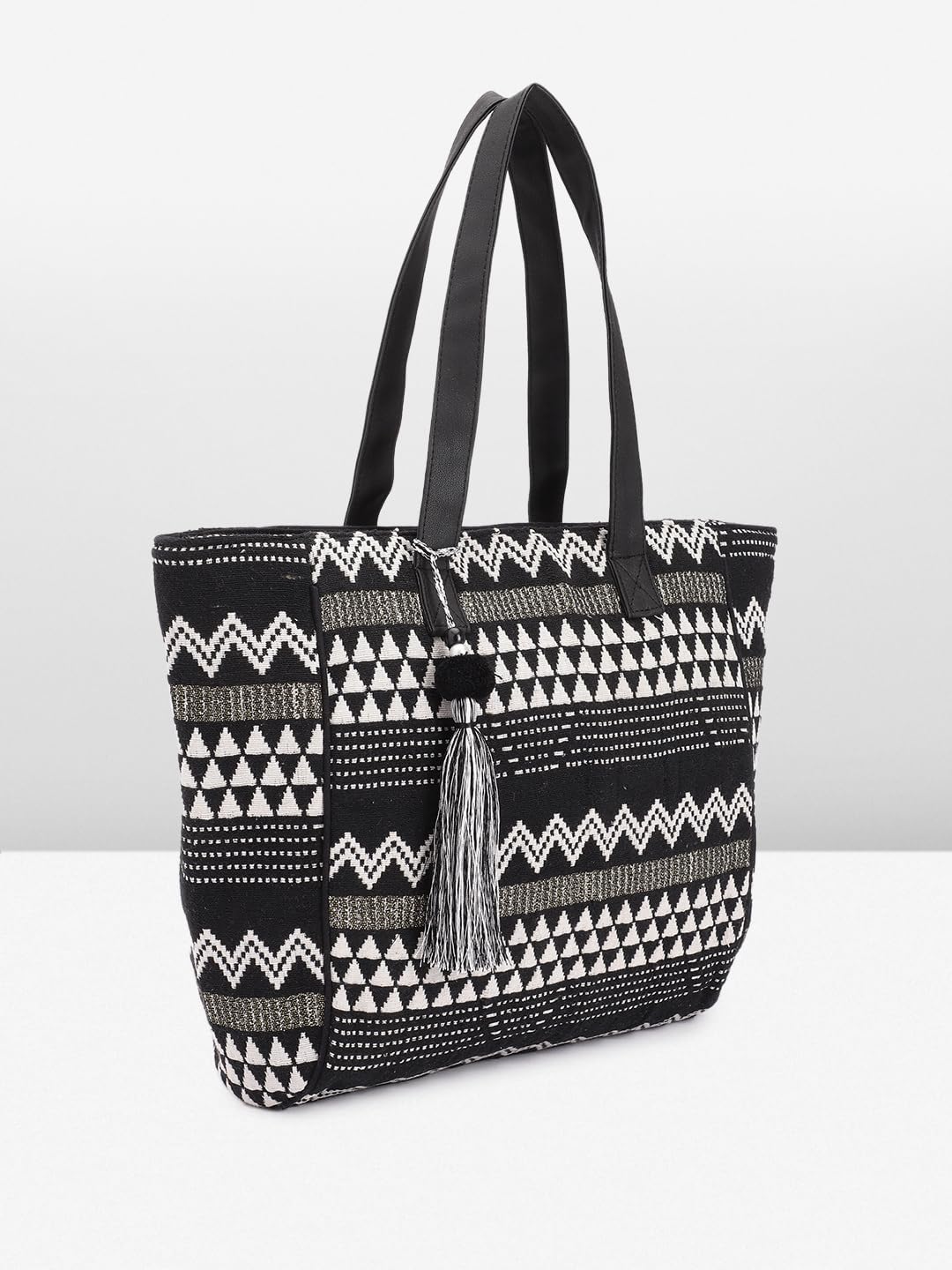 PRIMROSE Bohemian Style Tote Bag with Geometric Patterns, Black and White