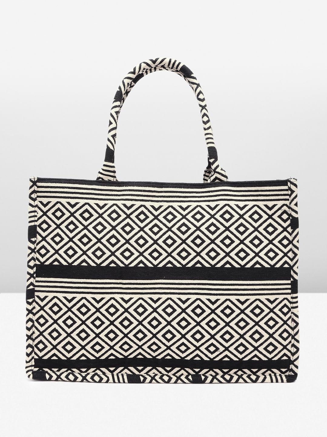 PRIMROSE Black and White Geometric Pattern Canvas Tote Bag for Women