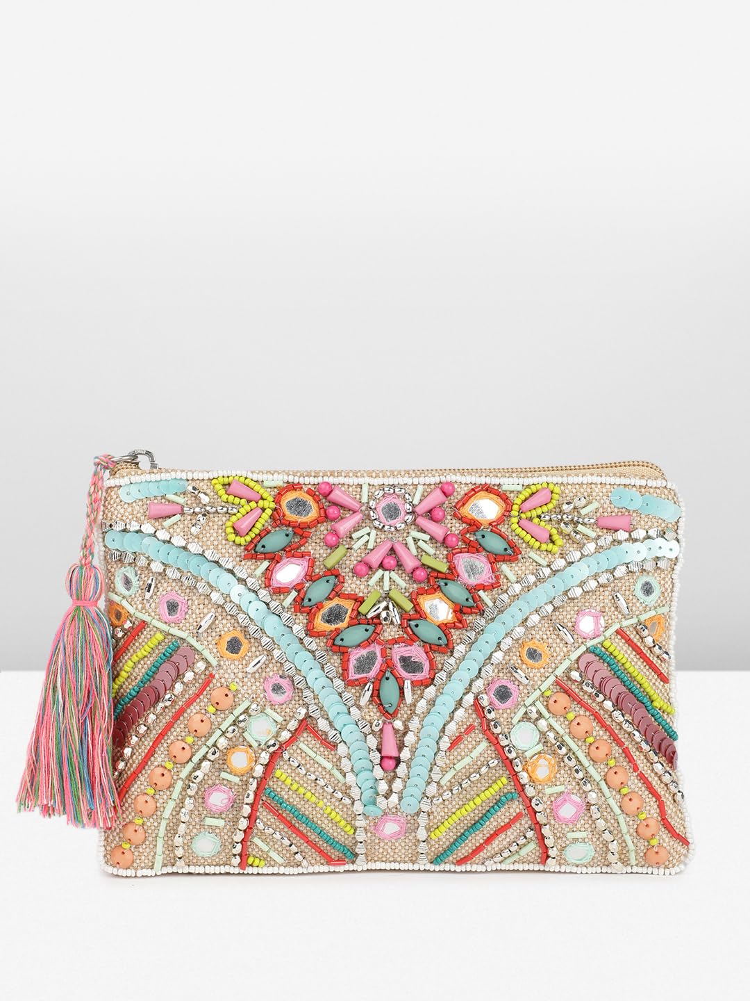 PRIMROSE Embellished Beaded Clutch Purse with Tassels Multicolour