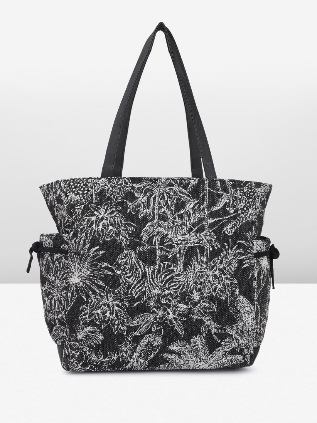 PRIMROSE Black Floral Print Canvas Tote Bag with Inner Pouch