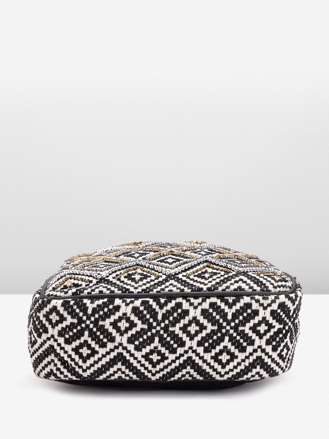 PRIMROSE Women Black & Off-White Woven Design & Embellished Sling Bag