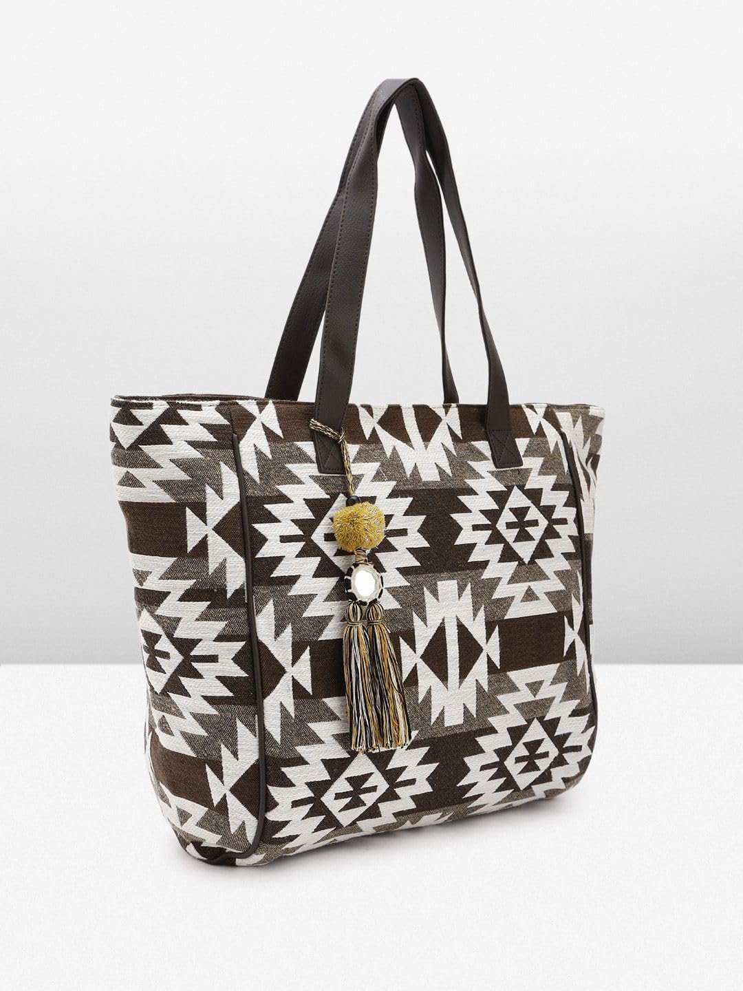 PRIMROSE Ethnic Kilim Tote Bag, Brown and White Geometric Print, Tassel Accent