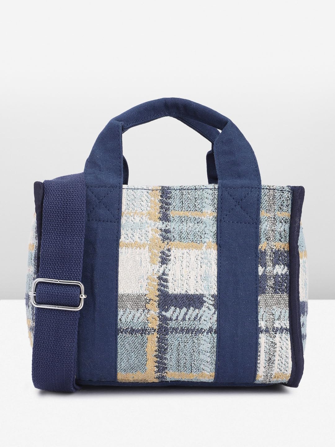 PRIMROSE Knitted Navy Blue Tote Bag with Patterned Front Panel Adjustable Strap