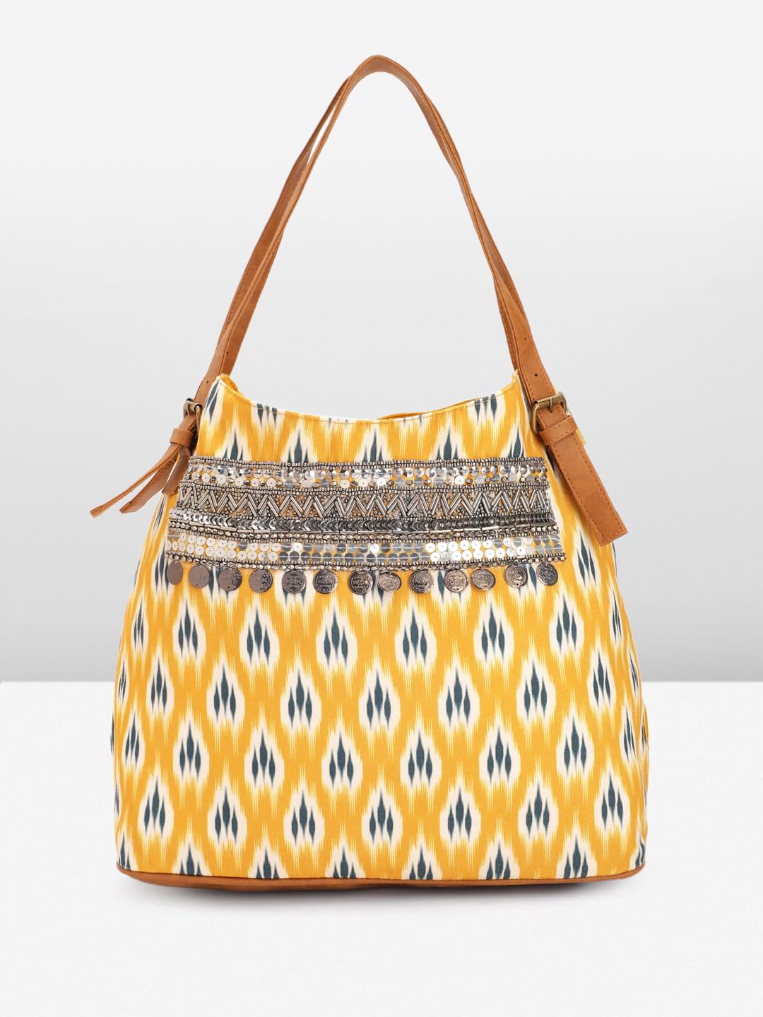 PRIMROSE Women's Hobo Handbag, Yellow and Black Ikat Print, Embellished