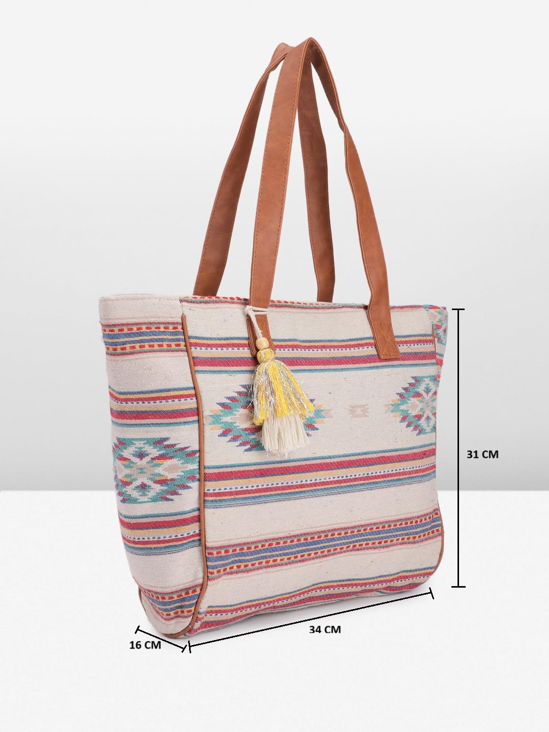 PRIMROSE Handcrafted Tote Bag Multicoloured Striped Pattern Tassel Accent