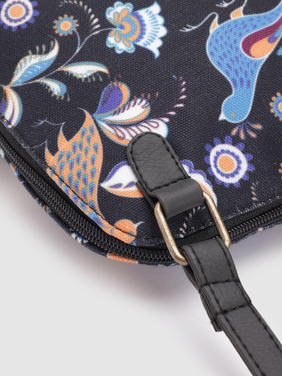 PRIMROSE Black & Blue Ethnic Motifs Print Sling Bag with Tasselled Detail