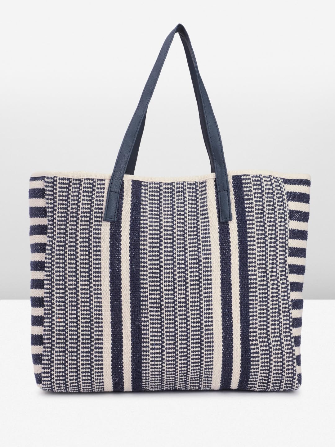 PRIMROSE Printed Canvas Tote Bag Navy Blue and White Striped Pattern