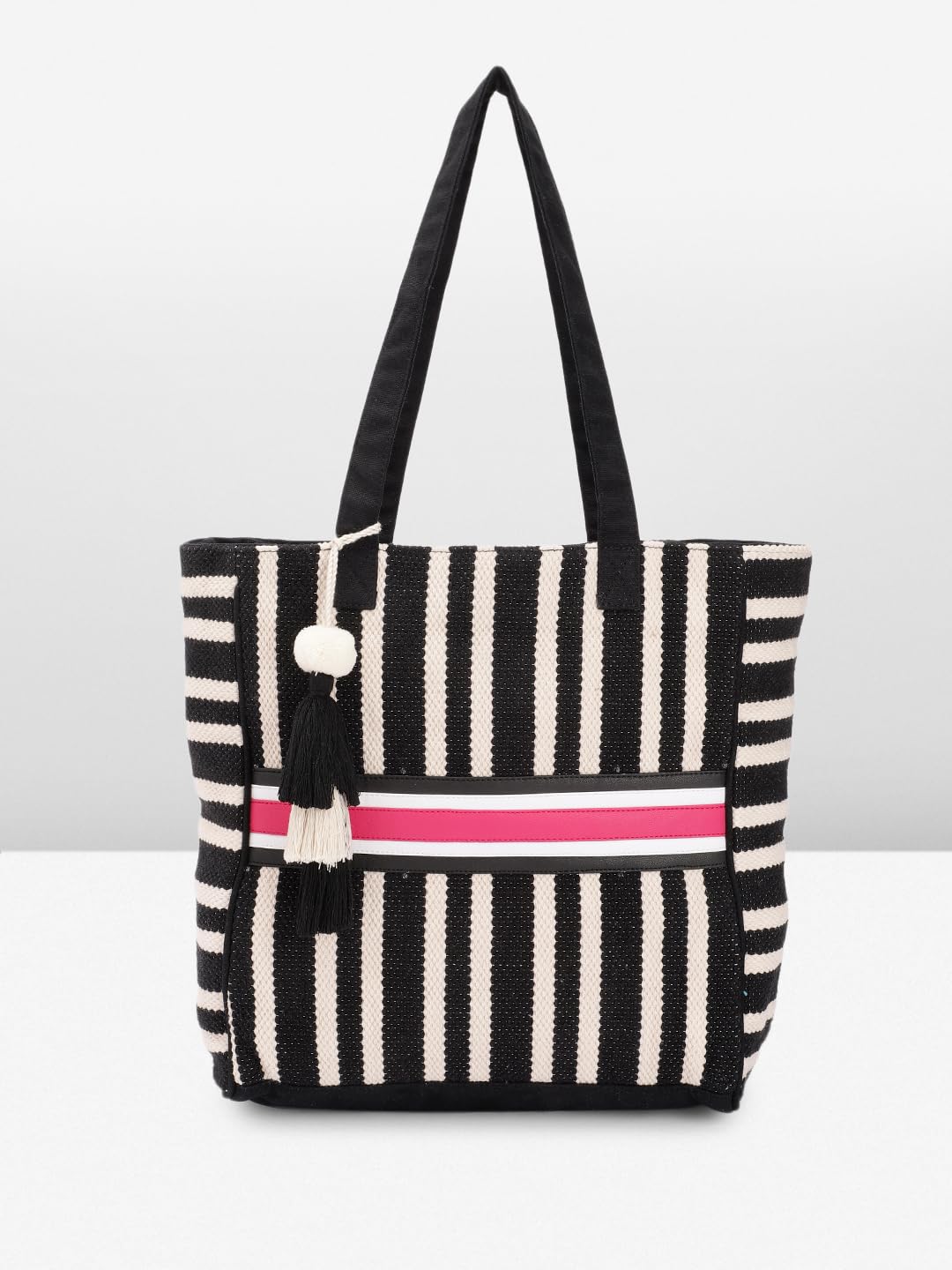 PRIMROSE Black and White Striped Canvas Tote Bag with Tassels