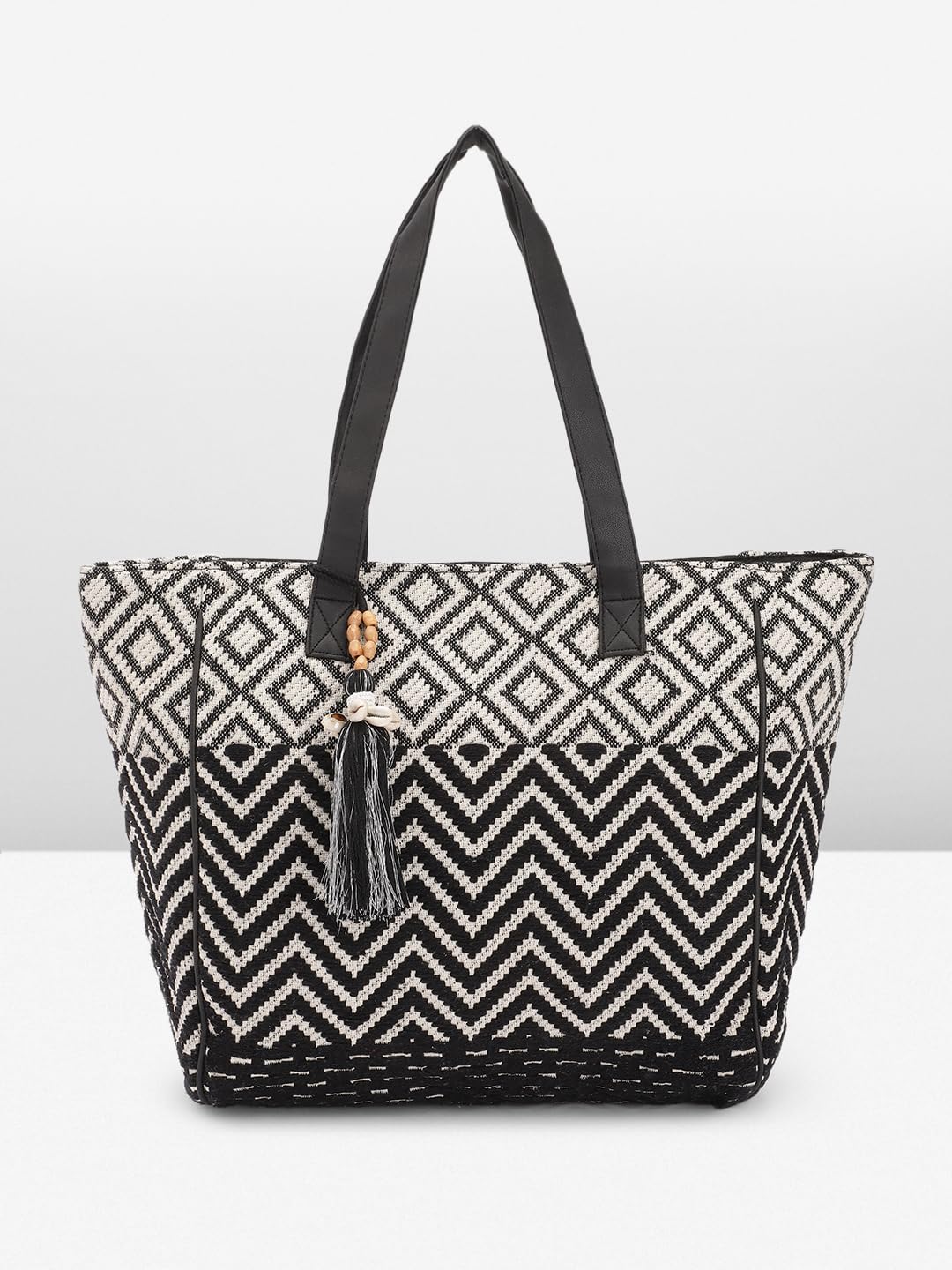 PRIMROSE Chevron Pattern Tote Bag with Tassel Accent Black