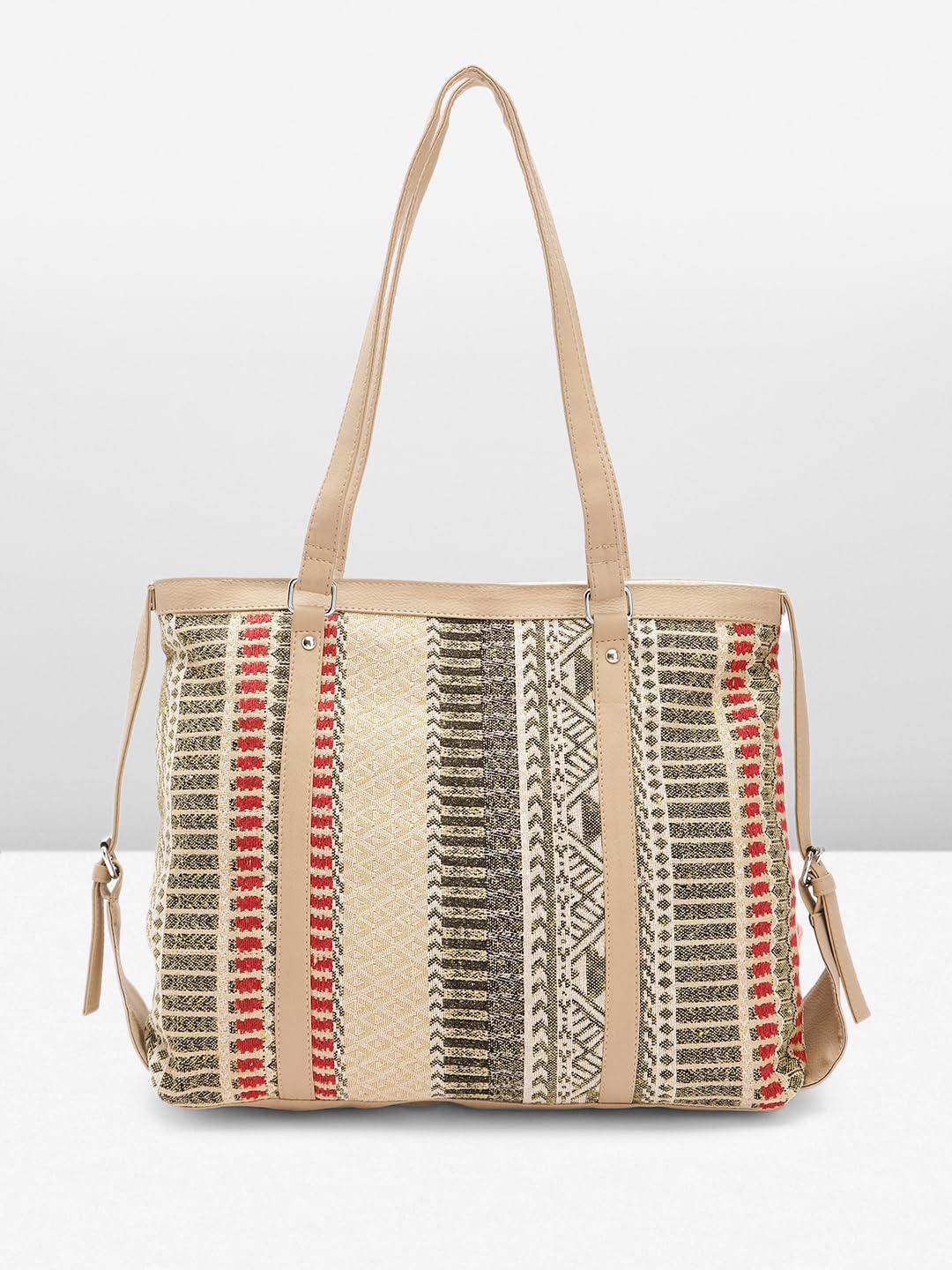 PRIMROSE Ethnic Jute Tote Bag with Geometric Patterns Beige