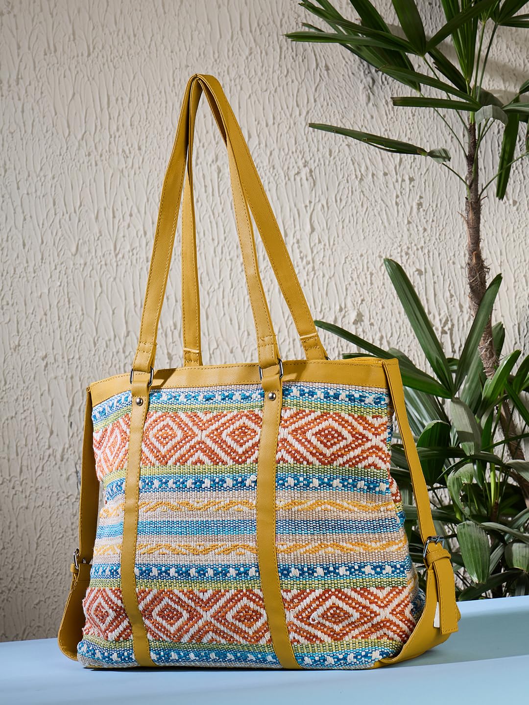 PRIMROSE Woven Multicoloured Shoulder Bag with Geometric Pattern