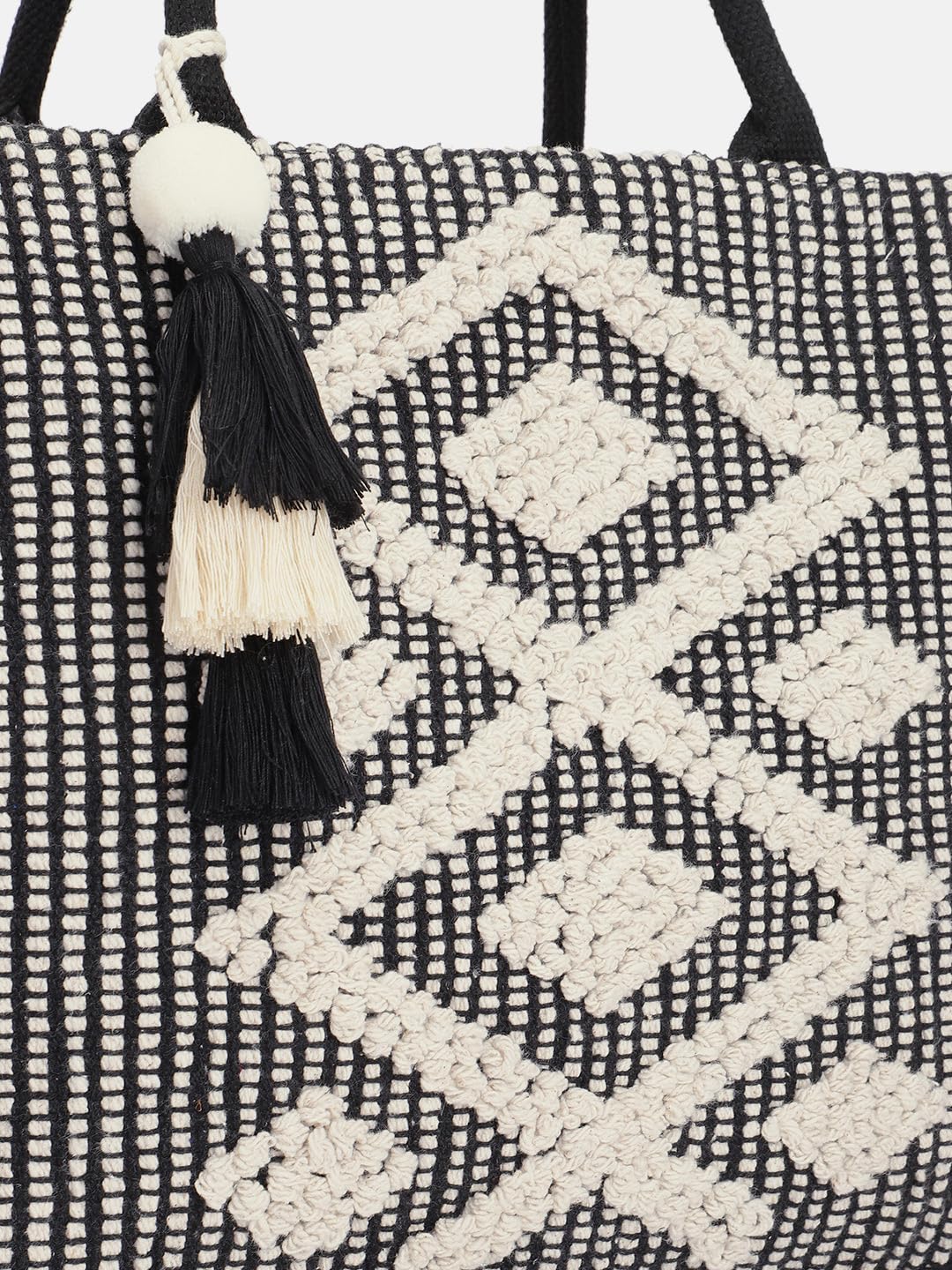 PRIMROSE Handmade Black and White Crochet Tote Bag with Tassels