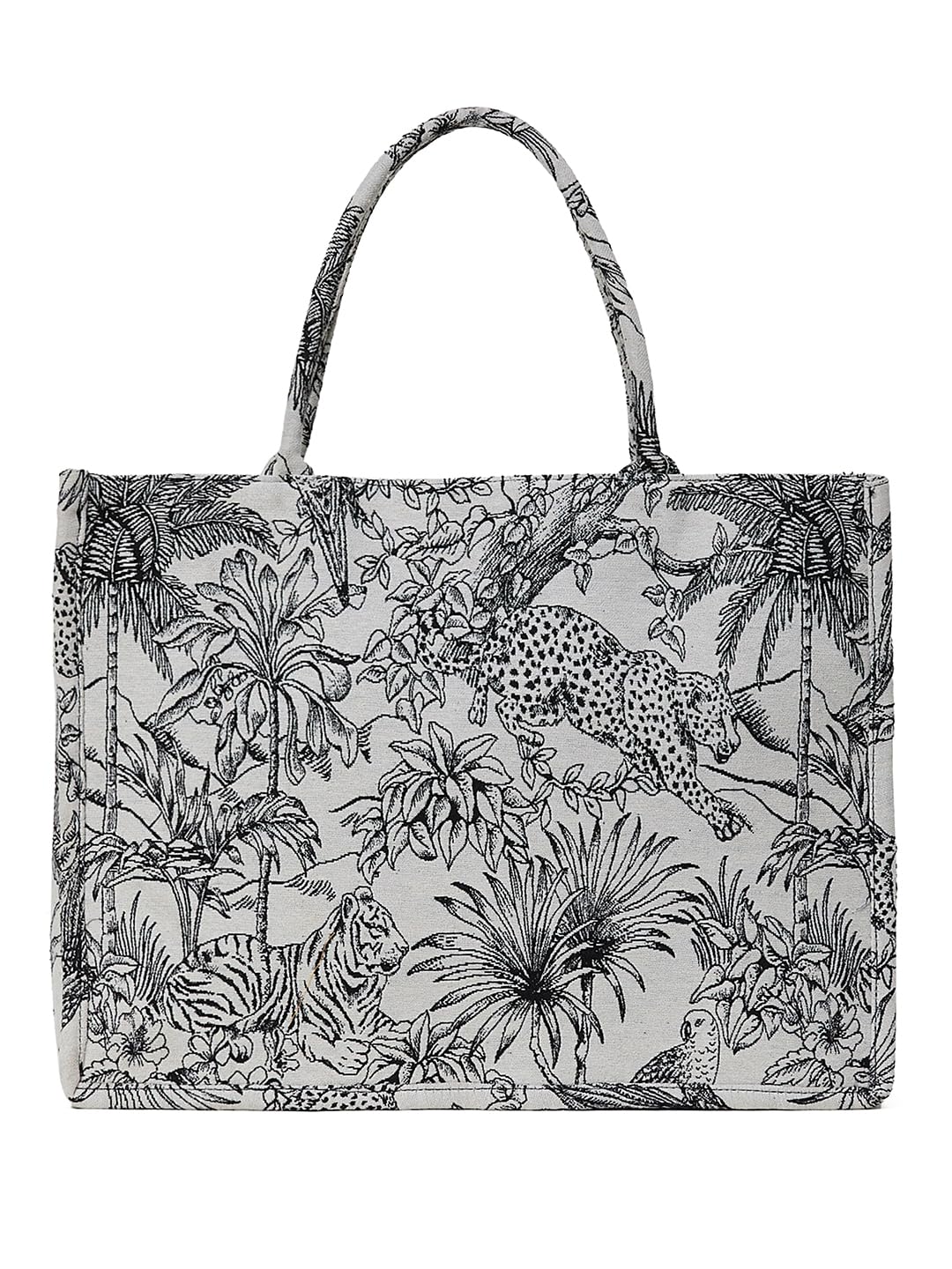 PRIMROSE Tropical Print Cotton Tote Bag with Leopard, Tiger, Palm Tree Motif