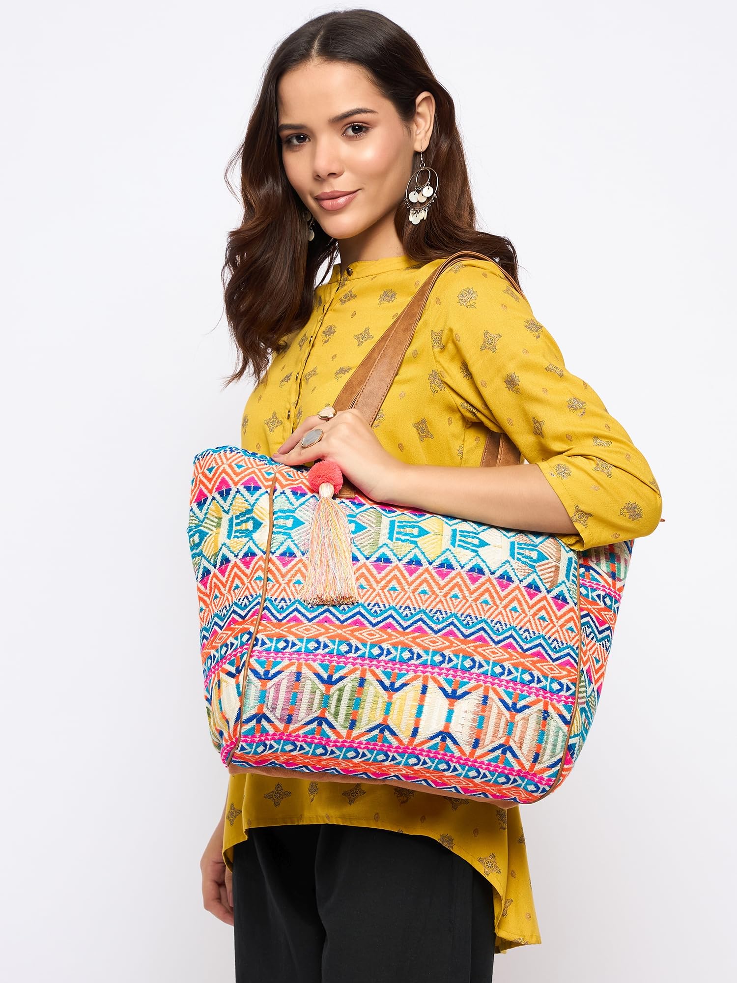 PRIMROSE Multicoloured Aztec Print Tote Bag with Tassel