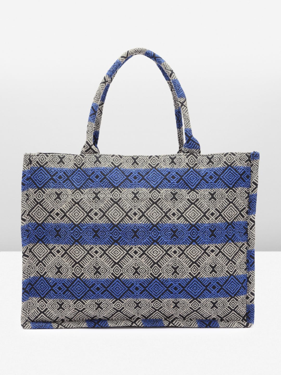 PRIMROSE Handwoven Geometric Pattern Tote Bag, Blue and Grey