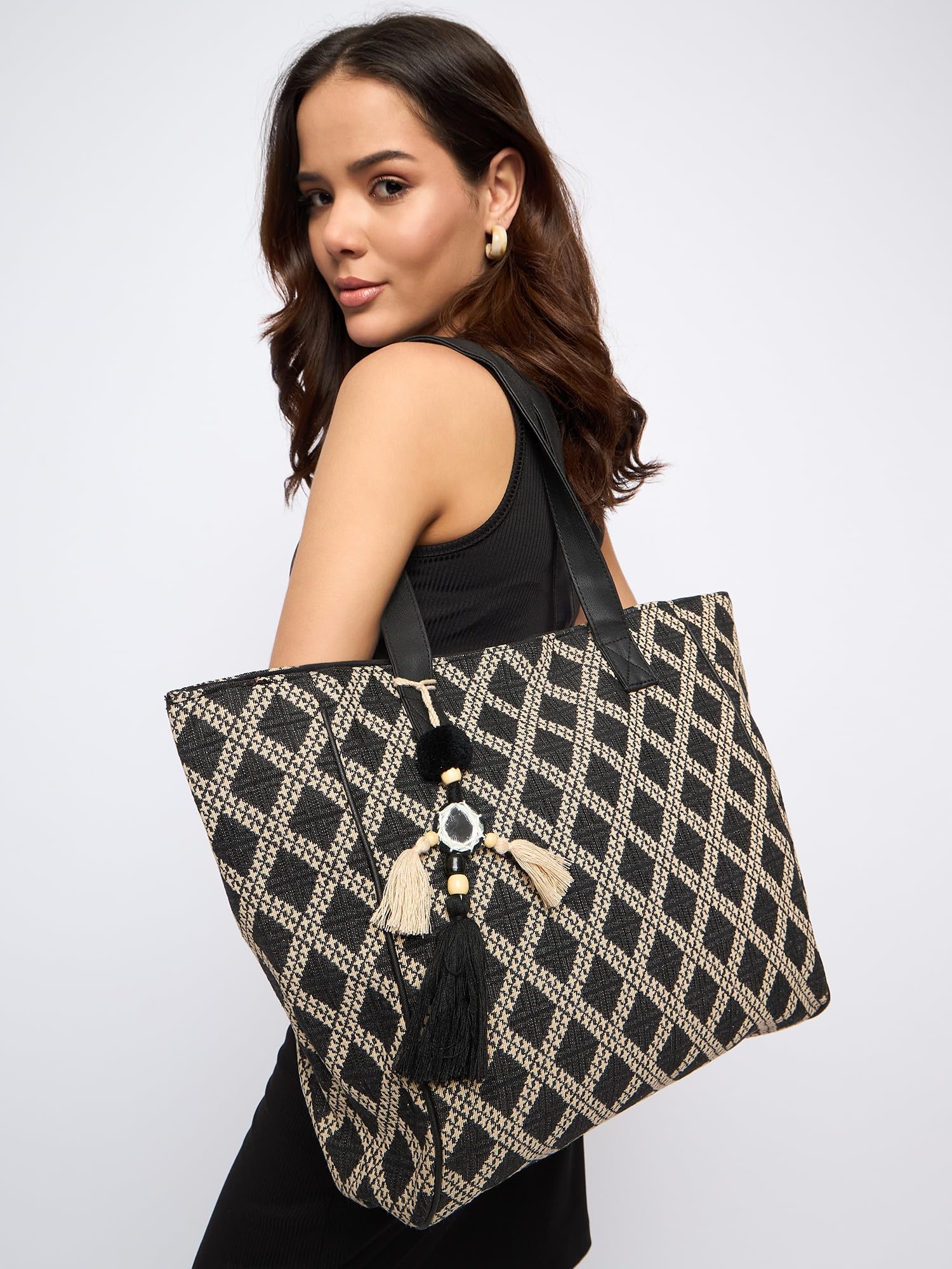 PRIMROSE Woven Tote Bag with Diamond Pattern, Black and Beige, Pvc Handles, Tassel Accent