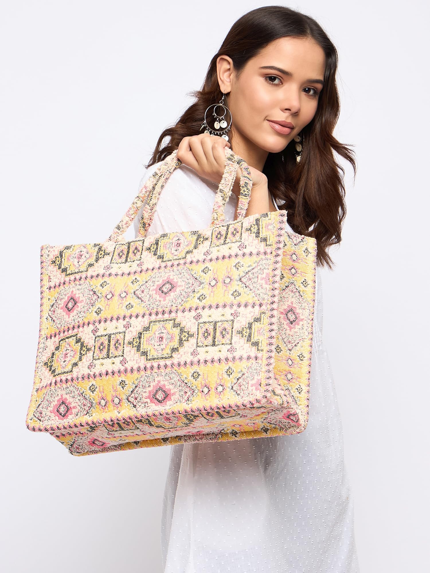 PRIMROSE Bohemian Style Tote Bag for Women, Multicolour Aztec Jacquard