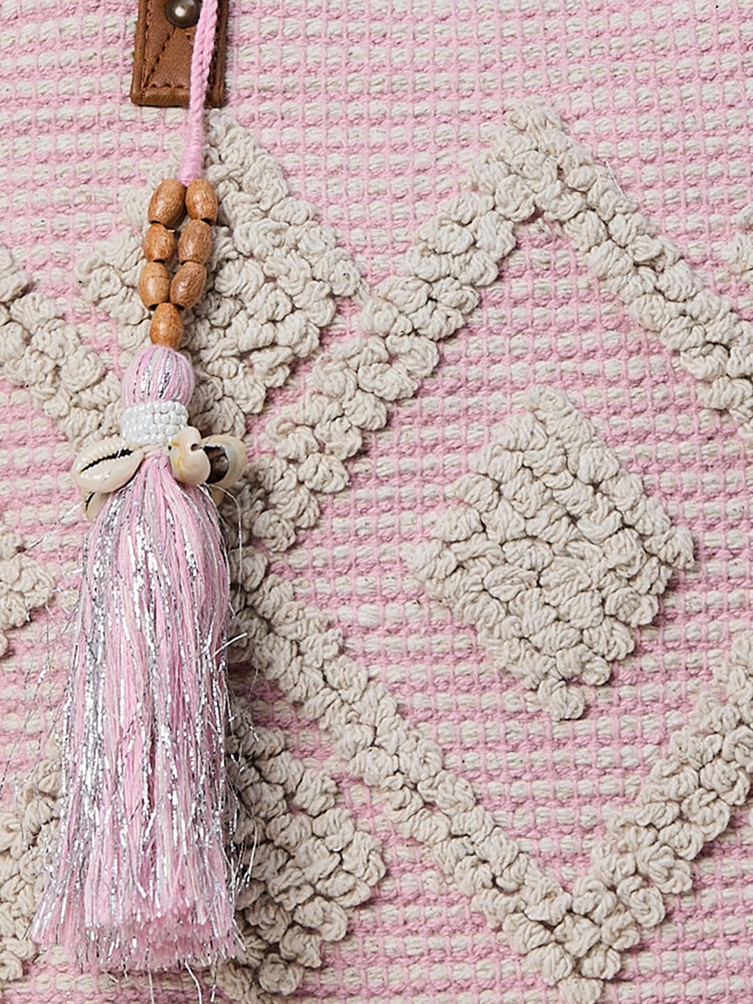 PRIMROSE Crochet Tote Bag with Tassel, Pink and Beige, PU Handles