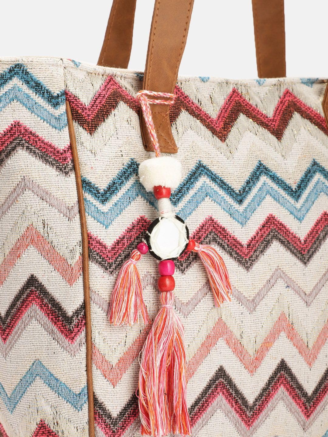 PRIMROSE Chevron Pattern Tote Bag with Tassels, Beige and Multi-Colour