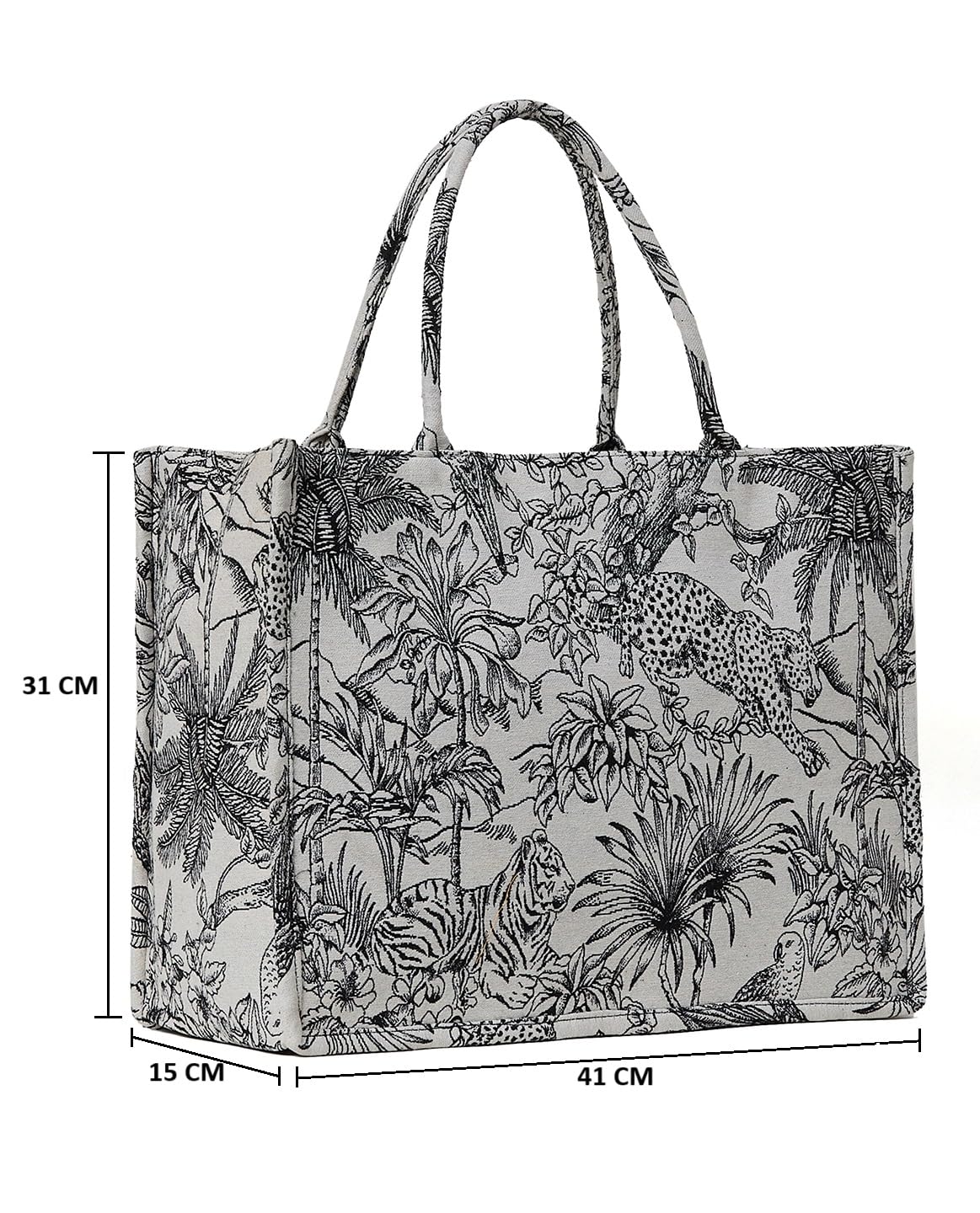 PRIMROSE Tropical Print Cotton Tote Bag with Leopard, Tiger, Palm Tree Motif