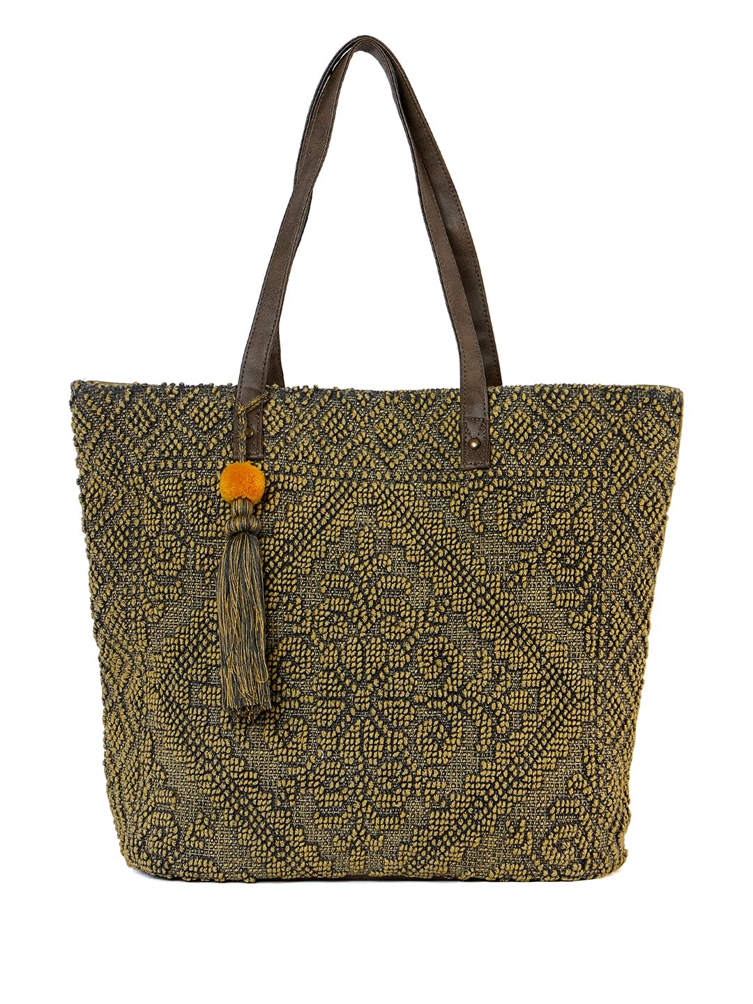 PRIMROSE Women Beige & Grey Woven Design Shoulder Bag with Tasselled Detail