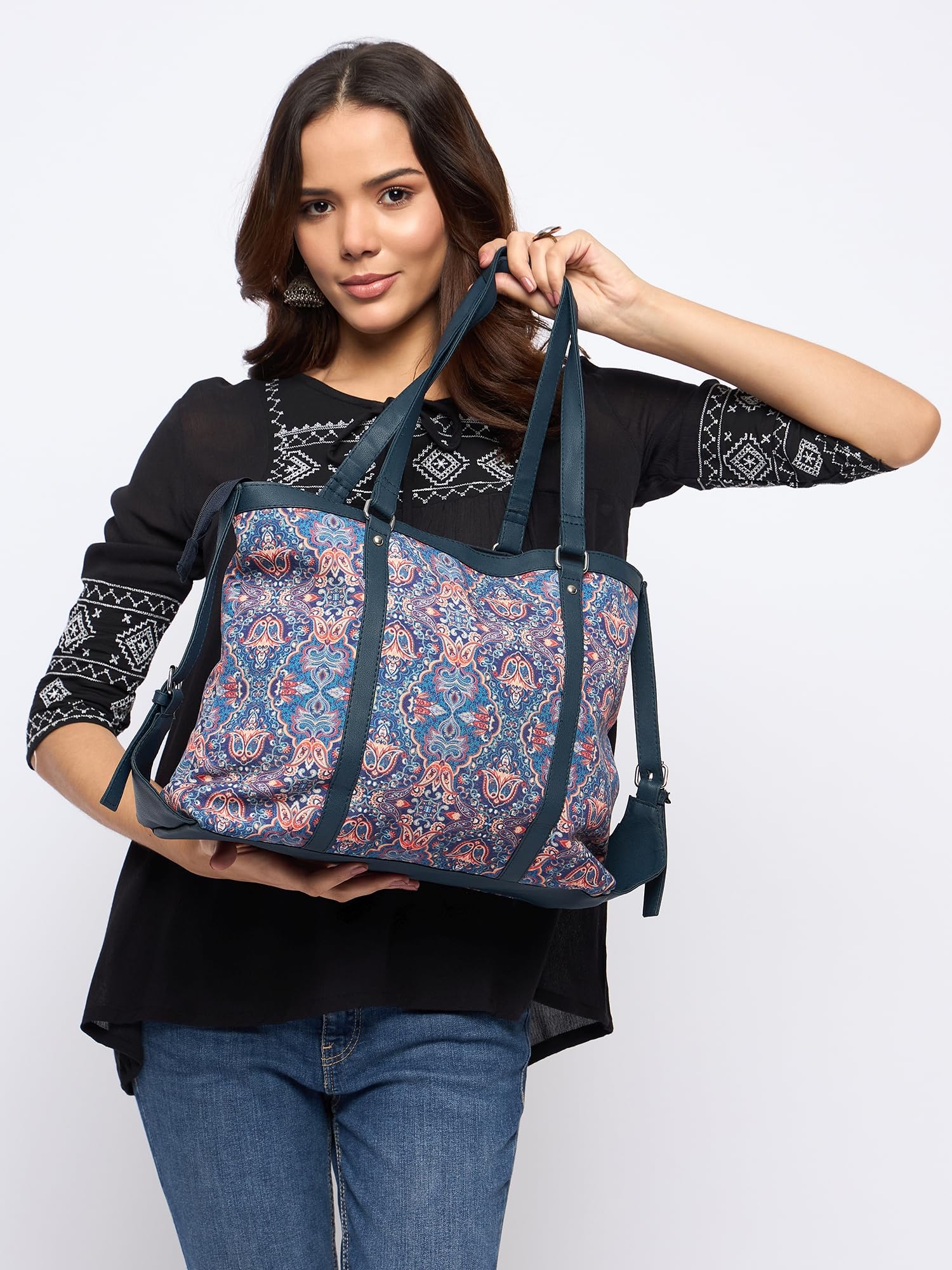 PRIMROSE Patterned Tote Bag for Women, Navy Blue with Floral Design