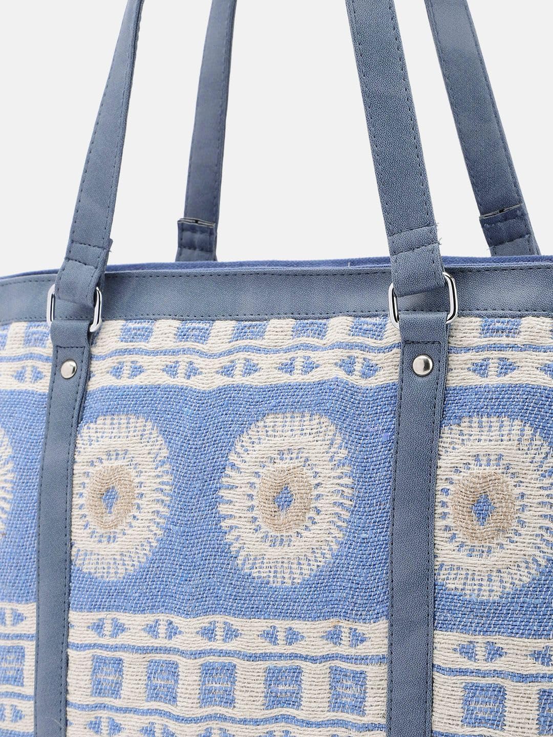 PRIMROSE Stylish Tote Bag with Geometric Pattern Blue and Beige