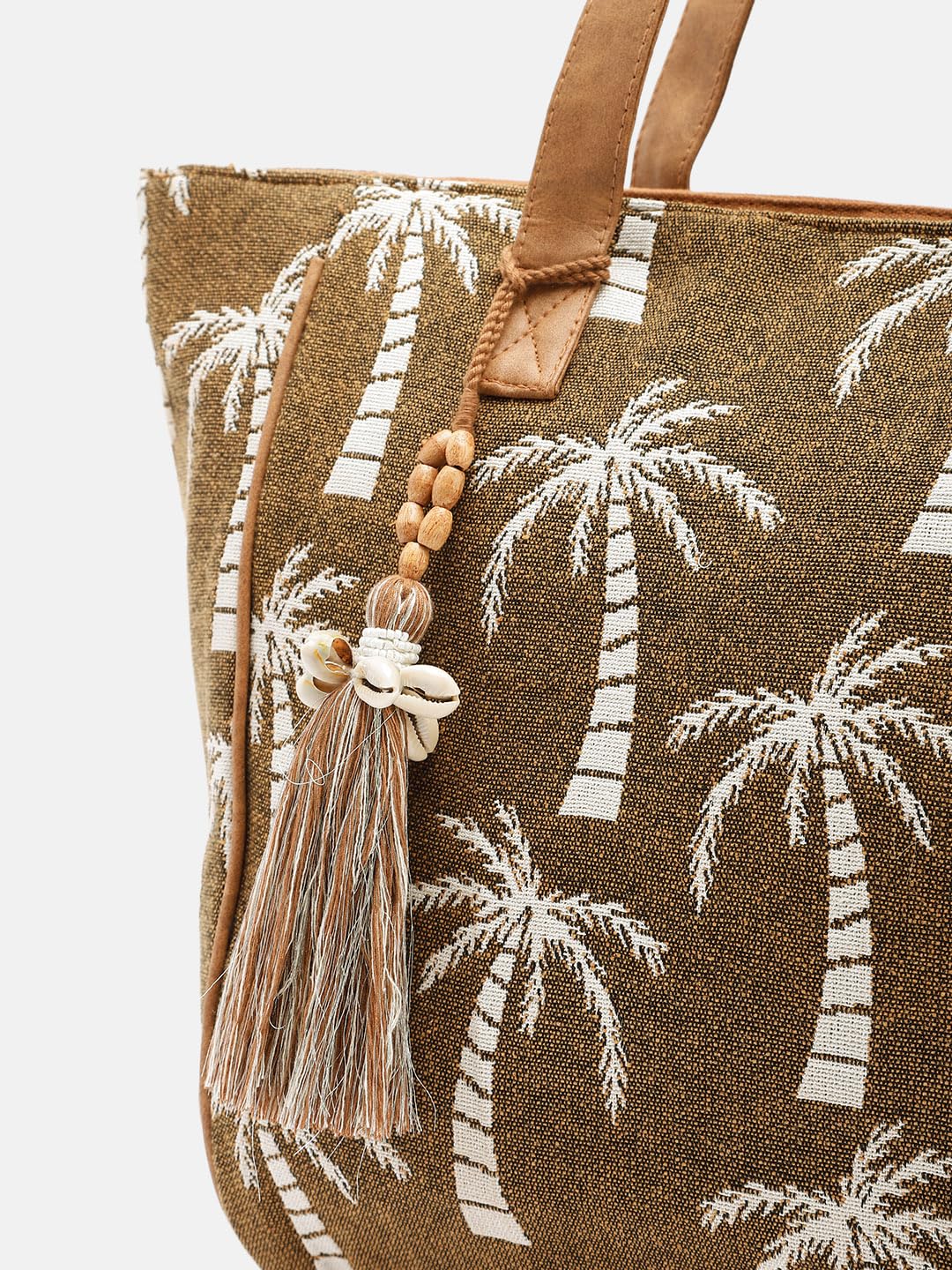 PRIMROSE Women's Tote Bag with Palm Tree Print Tassels Brown