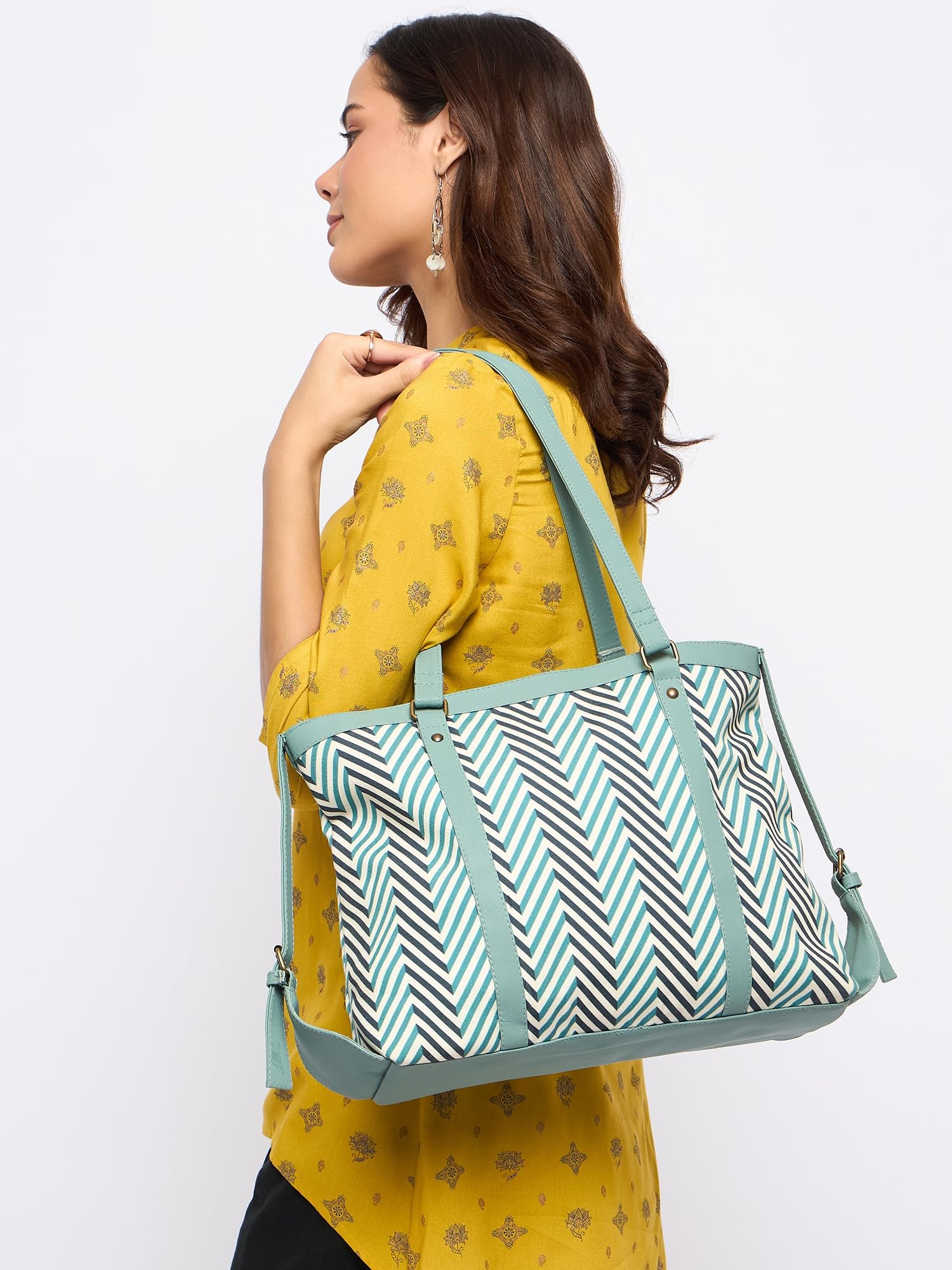 PRIMROSE Green Geometric Printed Oversized Shoulder Bag