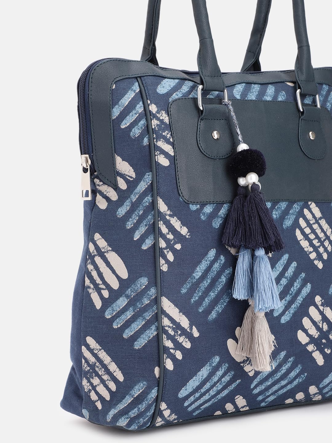 PRIMROSE Women's Navy Blue Tote Bag with Printed Pattern Tassels