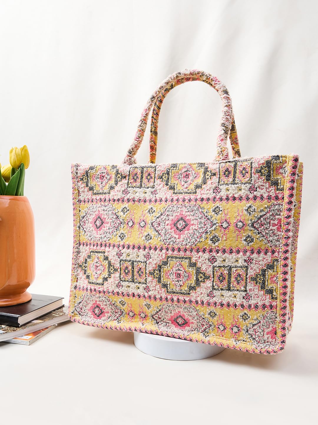 PRIMROSE Bohemian Style Tote Bag for Women, Multicolour Aztec Jacquard