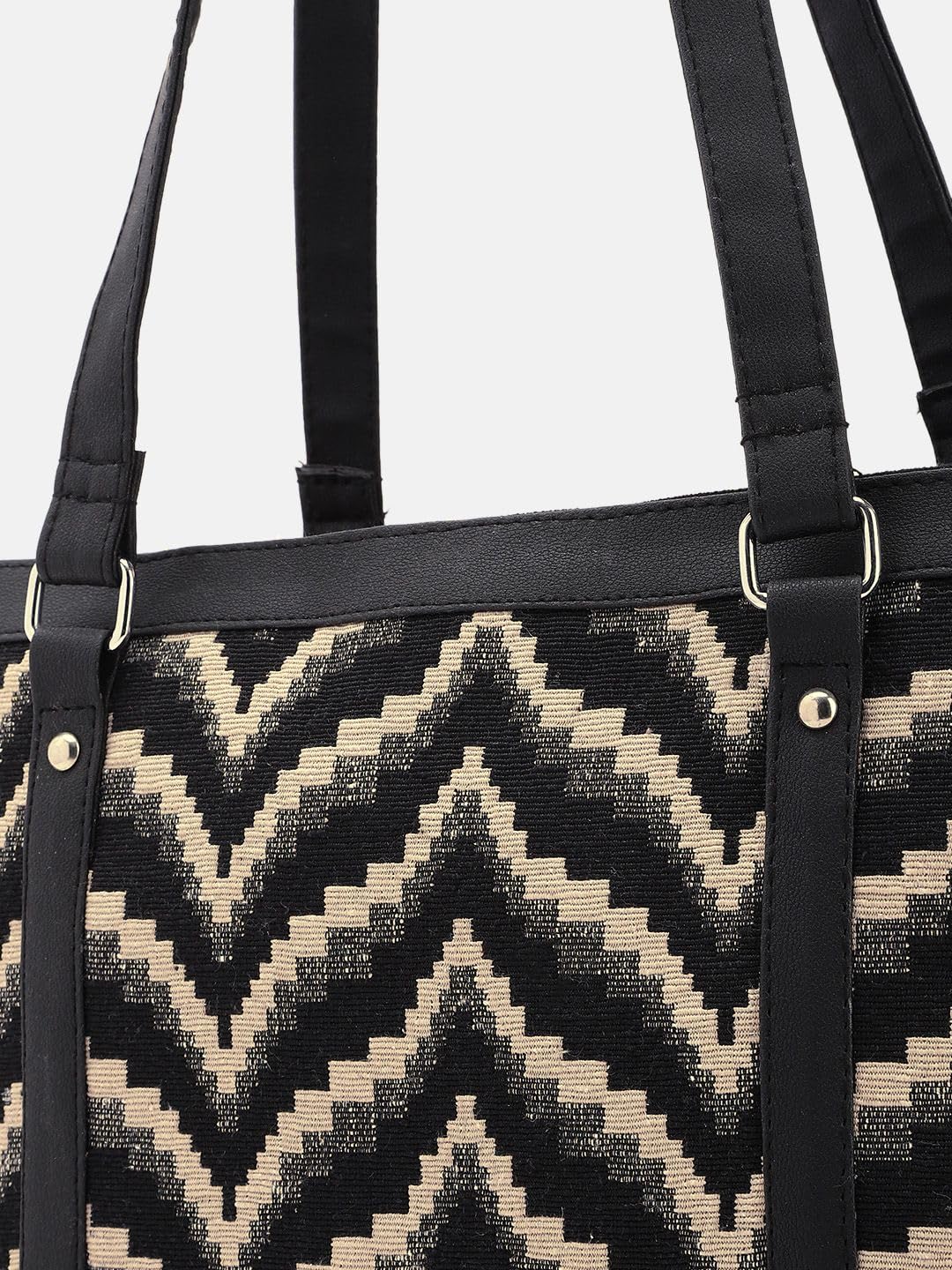 PRIMROSE Black and Beige Zig-Zag Patterned Tote Bag for Women