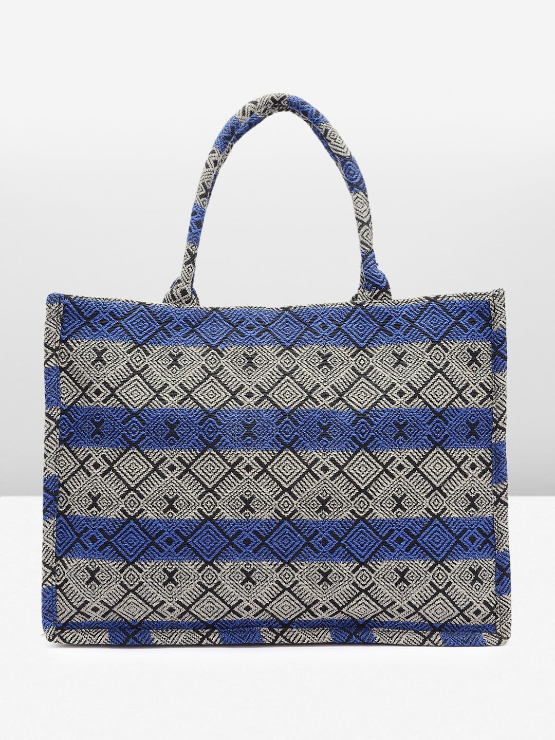 PRIMROSE Handwoven Geometric Pattern Tote Bag, Blue and Grey