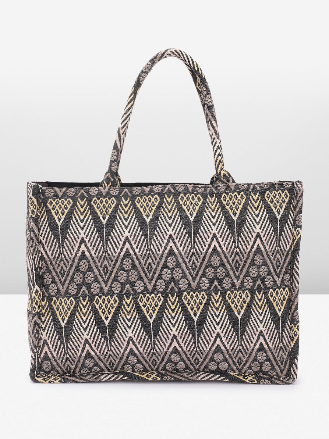 PRIMROSE Geometric Diamond Pattern Tote Bag Black and Beige