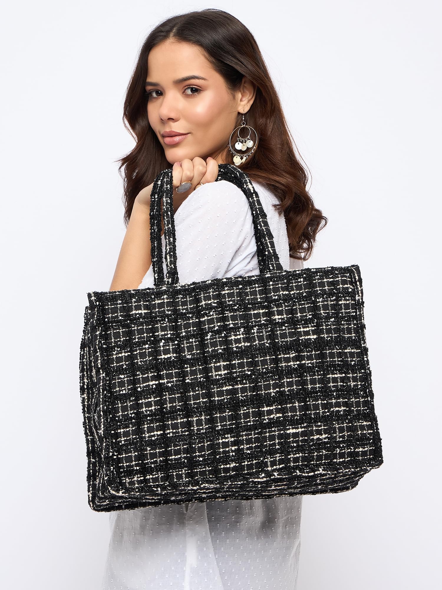 PRIMROSE Black Tweed Handbag for Women, Woven Tote with Handles