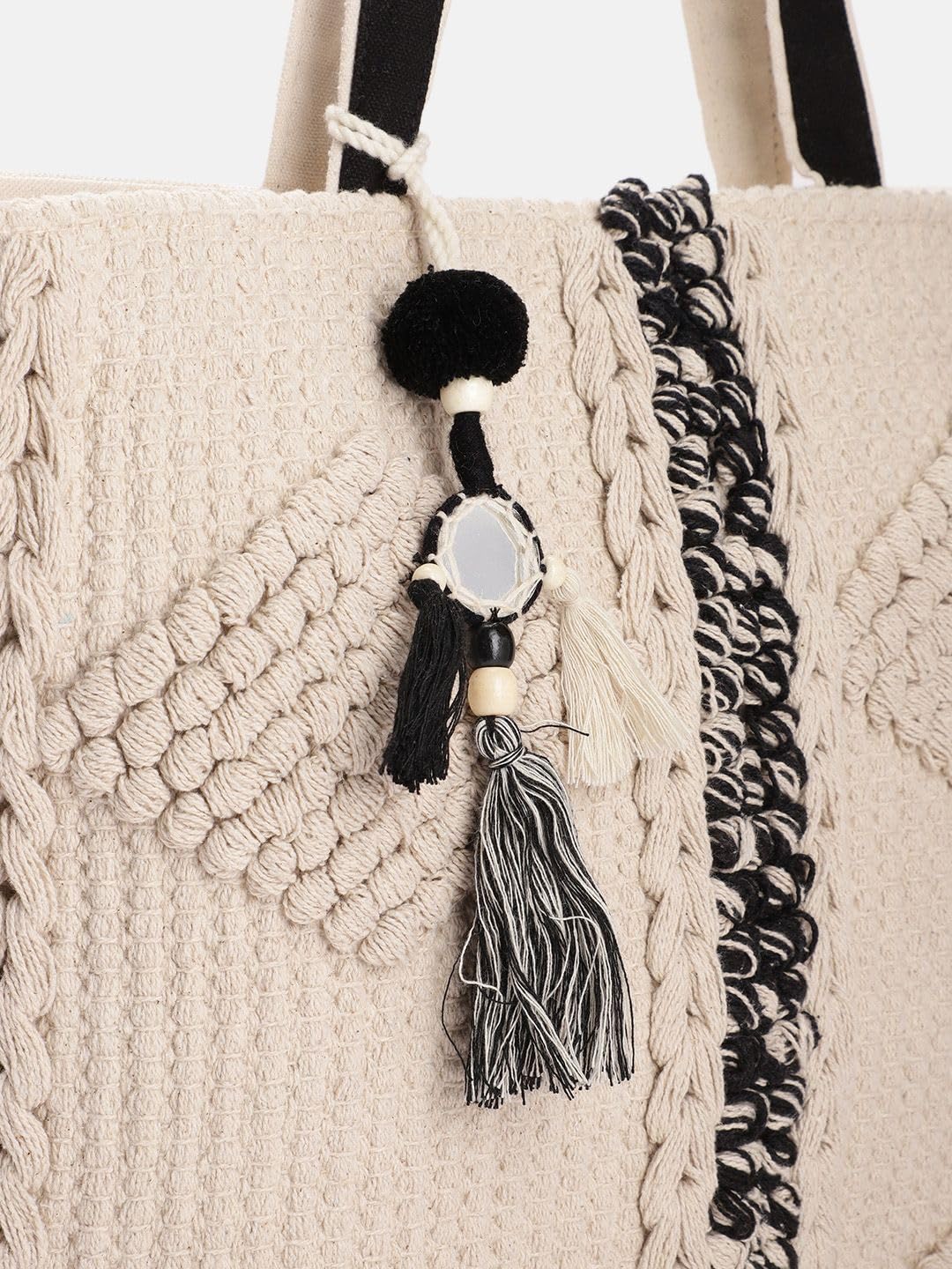 PRIMROSE Handcrafted Beige Cable Knit Tote Bag with Tassels and Scarf Accent