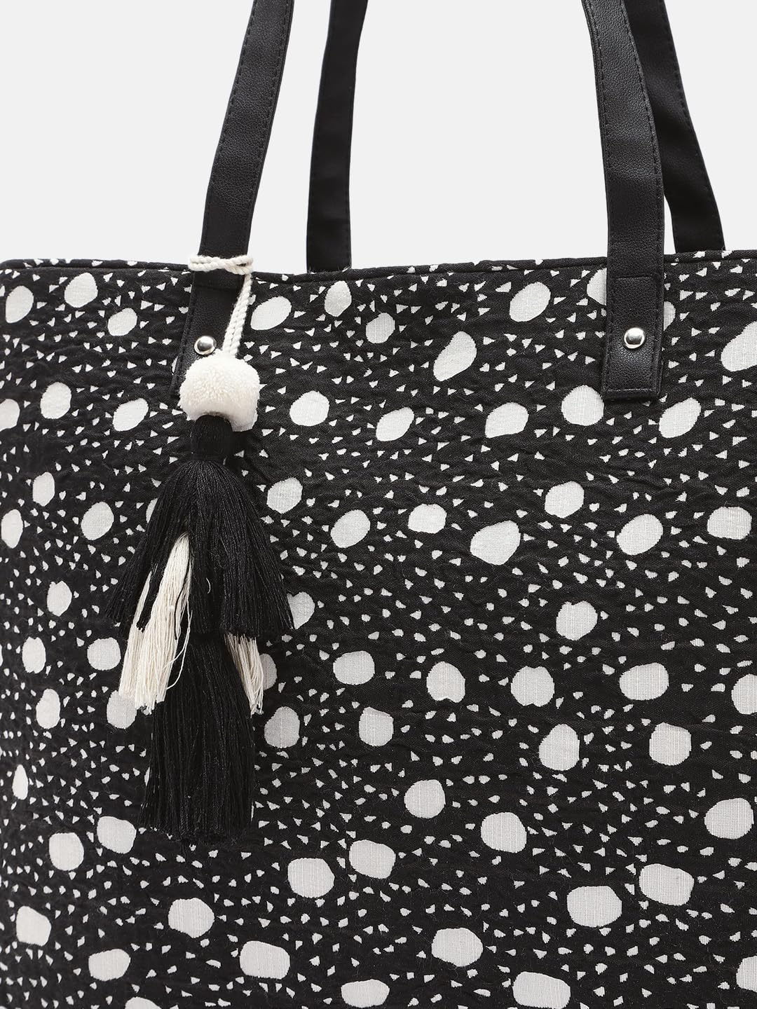 PRIMROSE Fringed Polka Dot Tote Bag Black and White